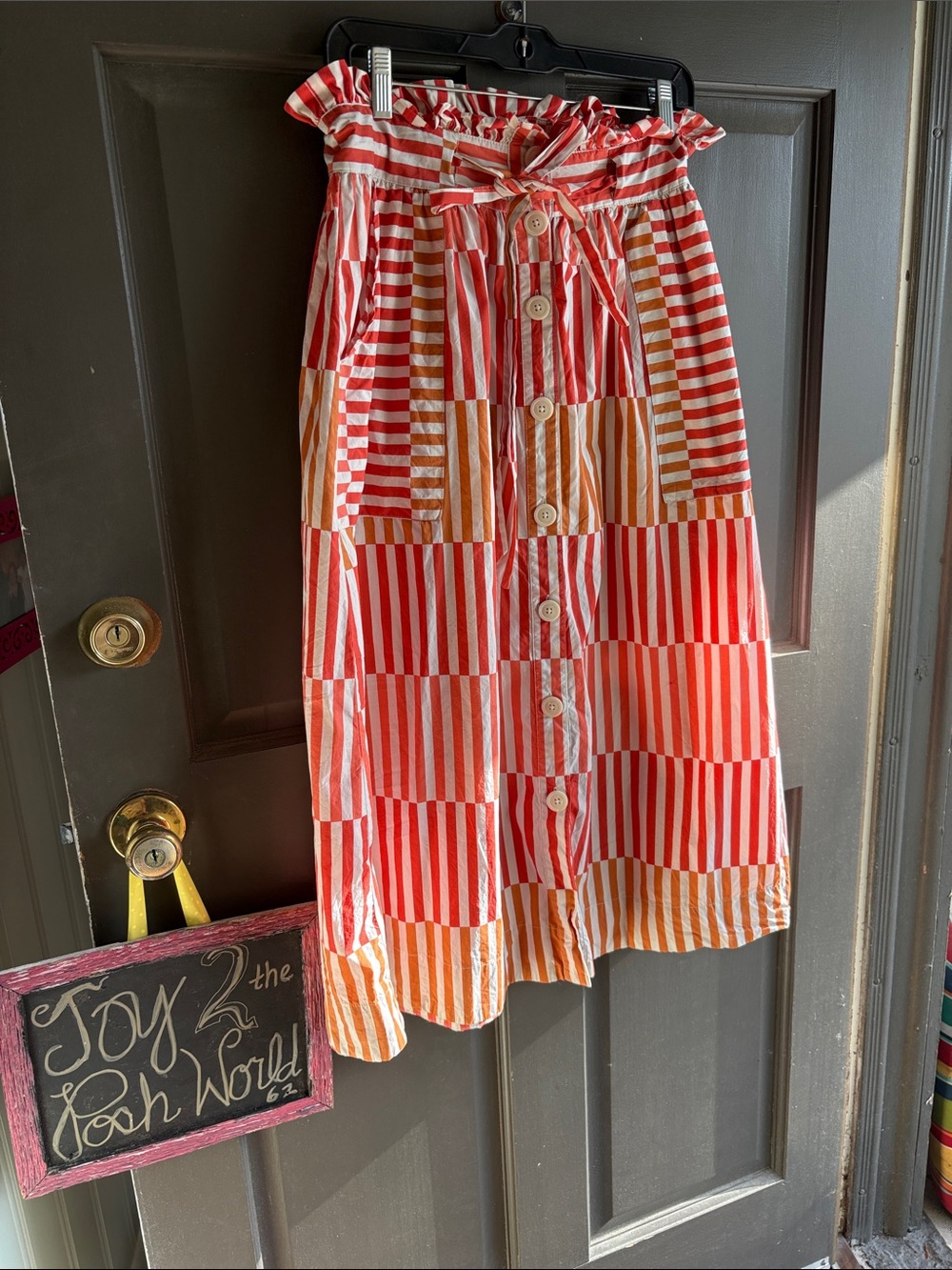 Striped Button-Front Midi Skirt in Red and Orange